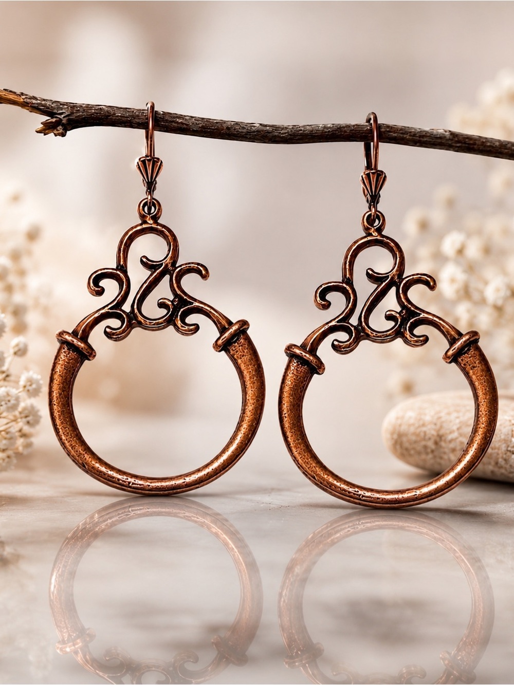 Boho Copper Hoop Earrings • Scrollwork Dangles • Rustic Statement Jewelry